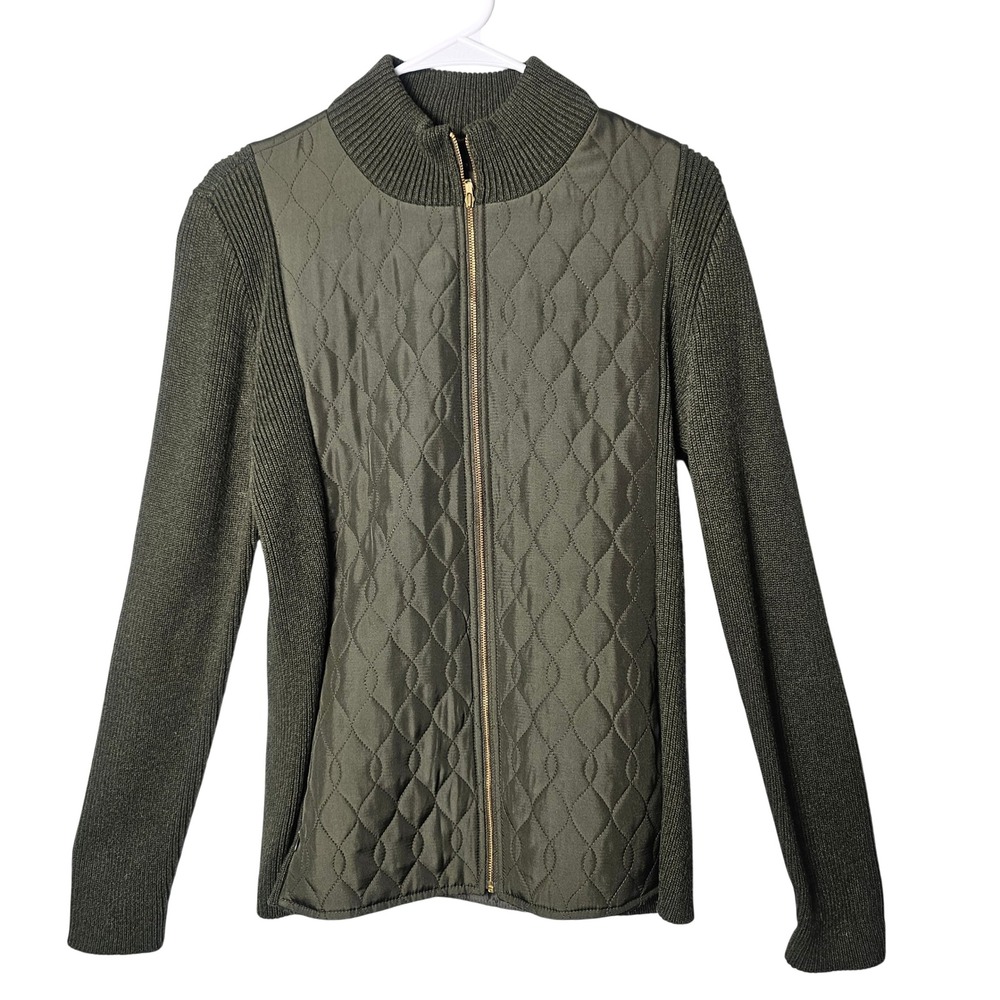 J.McLaughlin Manhasset Quilted Silk Cardigan Jacket L Olive Green Quiet Luxury